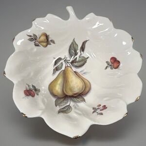 Springfield Bone China Bowl Leaf Shaped Fruit Motif Gold Trim Swirl England VTG